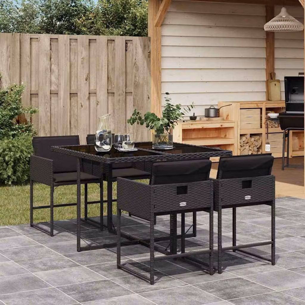 Set da Pranzo da Giardino vidaXL in Polyrattan Nero con Tavolo in Vetro e 5 Sedute con Cuscini – 1