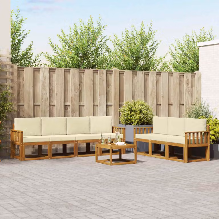 Set di divani da esterno vidaXL 8 pz in legno di acacia con cuscini beige e bianco per giardino e terrazza