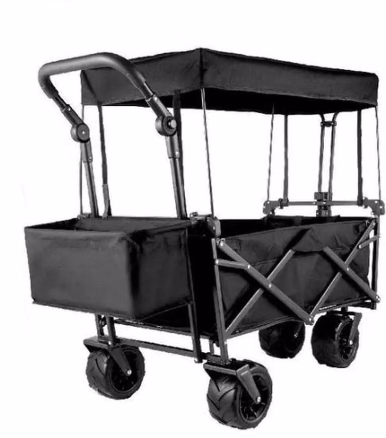 Carrello – Grande carrello nero robusto – Pieghevole, con pneumatici – Ideale per il giardino, per trasportare bambini, per la spiaggia (con copertura)