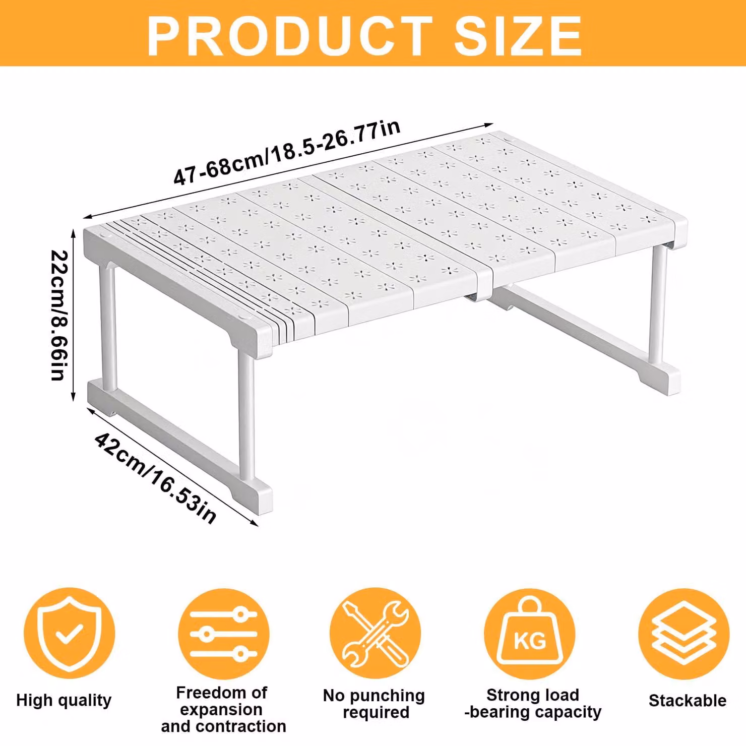 Supporto regolabile per la conservazione, larghezza 42 cm, lunghezza 47-68 cm, ideale per la cucina