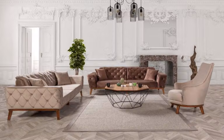 Sofagarnitur Sofa 3+3+1 Sitz Wohnzimmer Braun Sessel Stoff Chesterfield Samt