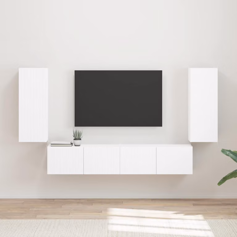 Set di 4 mobiletti da TV a parete moderni vidaXL in bianco lucido con finitura in legno e MDF per soggiorno o ufficio in casa