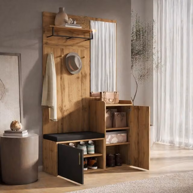 Set di mobili da ingresso MIVRAY moderno con specchio, panca imbottita, scarpiera e ganci, colore naturale e nero, L 100 cm x P 38 cm x H 185 cm