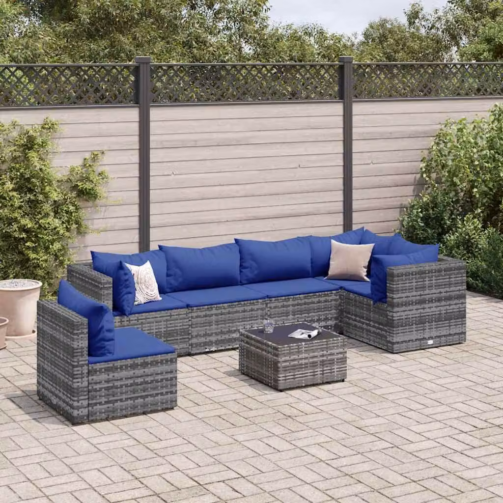 vidaXL Set Divani da Giardino 7 pz a Forma a L con Tavolino in Vetro e Cuscini Blu e Grigio – 1