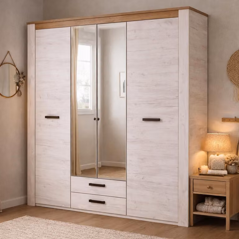Dmora Guardaroba Grande Caiano 199x207h cm Bianco Larice, 2 Cassetti 5 Ripiani