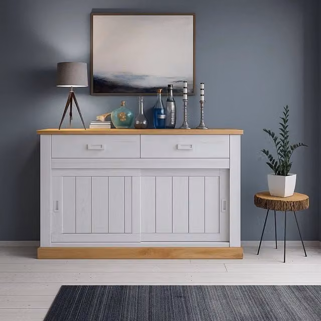 Madia Lupara DMORA, Credenza moderna con 2 cassetti, Bianco e Rovere, L 138 x P 50 x H 95 cm – 1