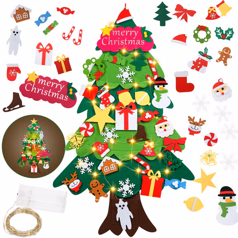 Jopassy Albero di Natale in feltro per bambini, Albero di Natale in feltro per bambini fai da te con decorazioni, Albero di Natale in feltro 3D, Set di Albero di Natale in feltro per albero di Natale decorato in casa