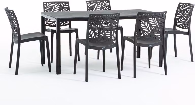Set da pranzo per esterni con tavolo rettangolare 156x78 cm e 6 sedie impilabili in resina rinforzata con fibra di vetro - design moderno in look legno, ideale per giardino, terrazza e aree esterne coperte - THOMAS+DAFNE - Nero/Nero