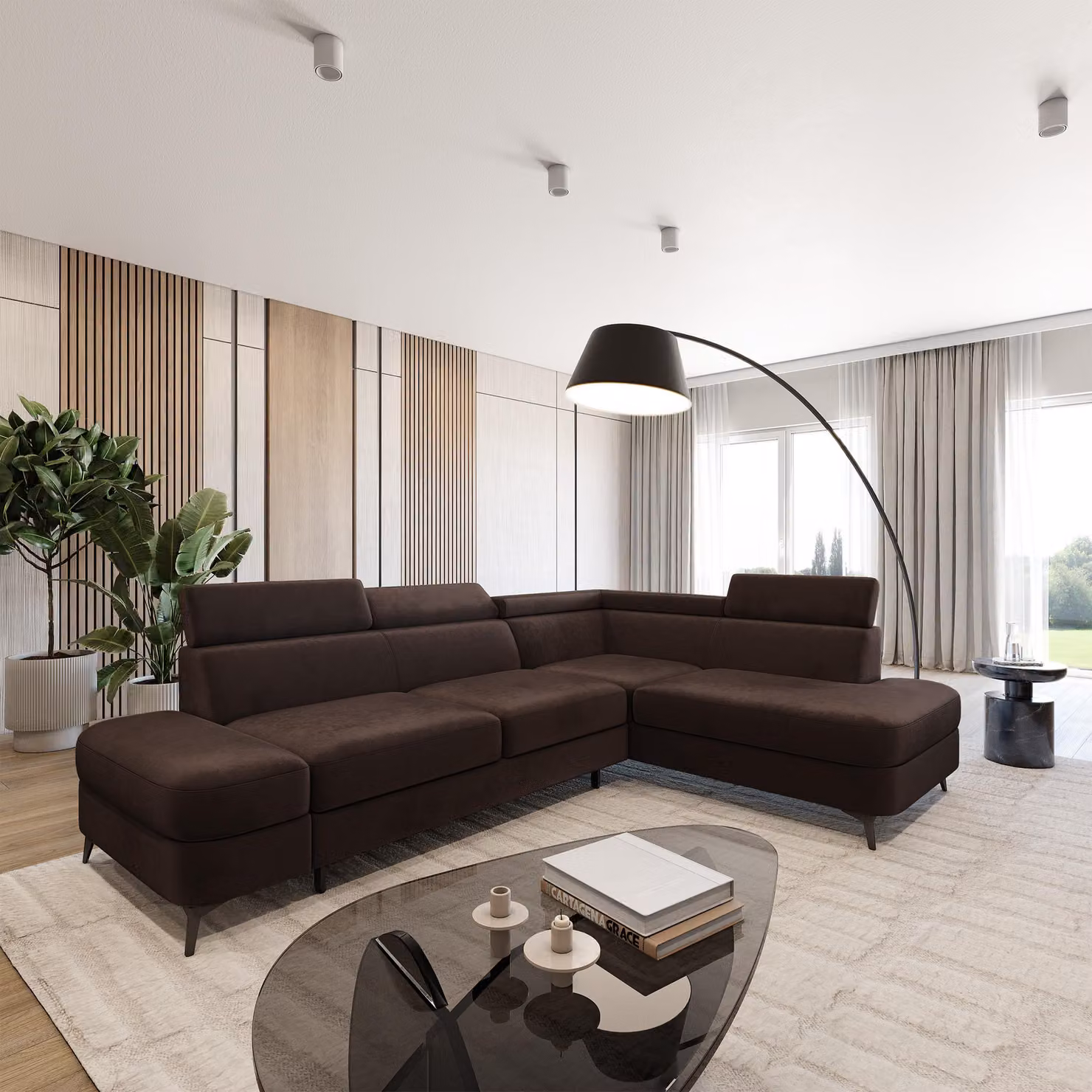 Divano ad angolo Masseno AVISE M R-S con funzione letto a L, divano con contenitore, divano da salotto, divano, divano letto, set divani - Marrone, MONOLITH 29