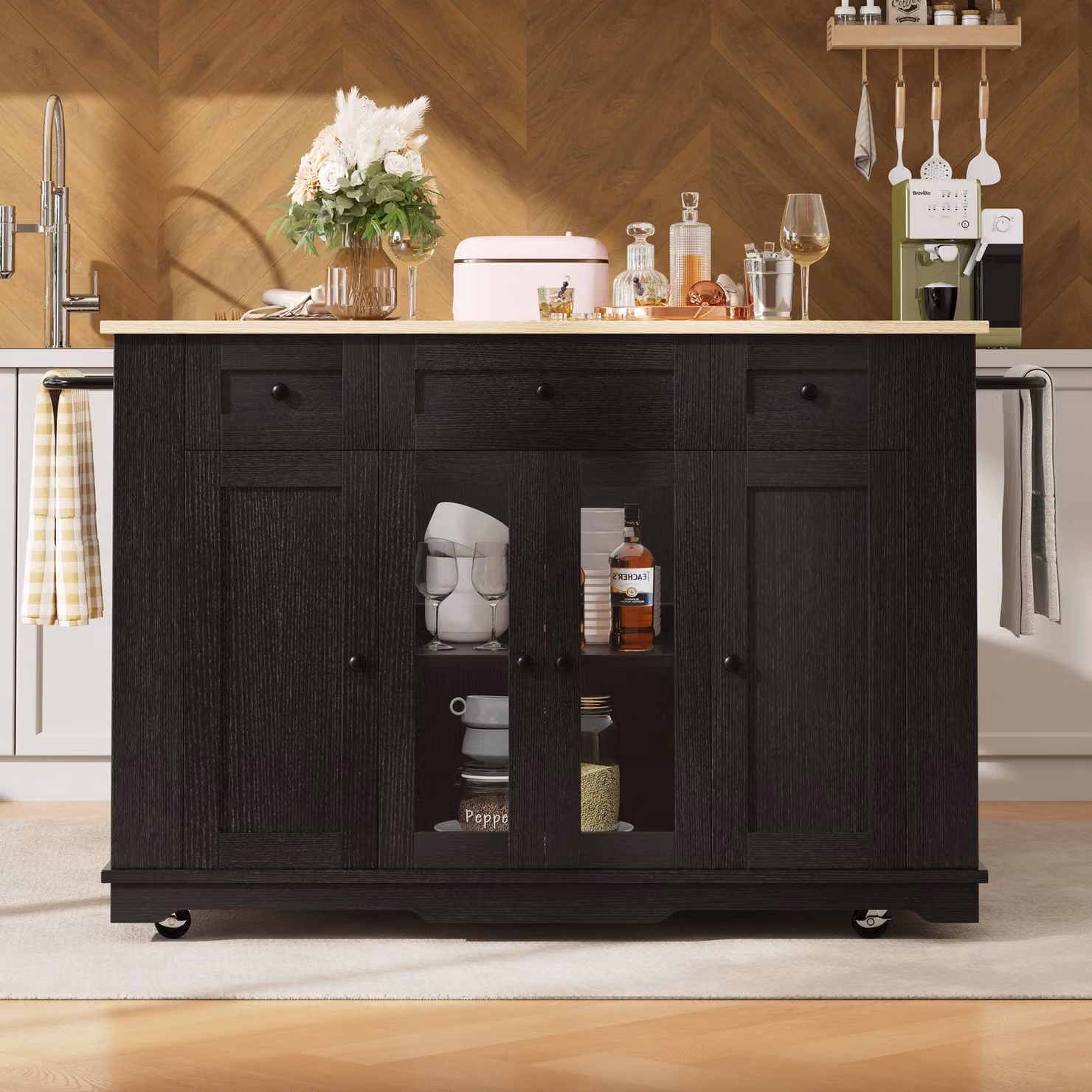 Isola da cucina Sweiko, pareti divisorie rimovibili, mobile da cucina, carrello per sala da pranzo con piano di lavoro, mobile buffet, carrello per sala da pranzo con venature del legno, mobile buffet, mobile in vetro temperato, nero