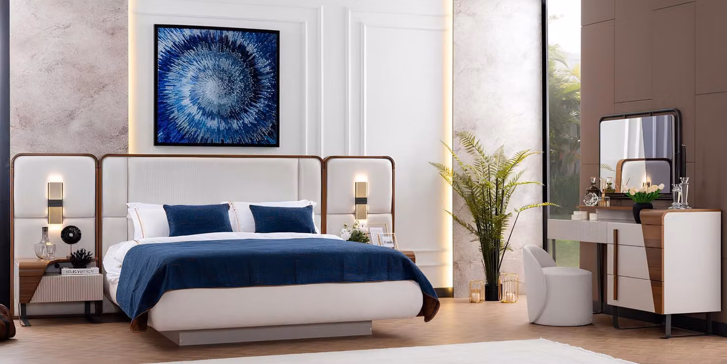 Weiße Schlafzimmer Garnitur Edles Textilbett Schminktisch Hocker