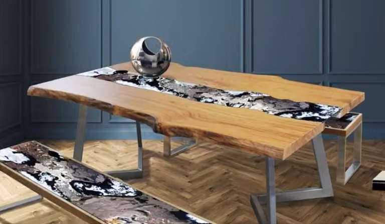 Tavolo da pranzo Casa Padrino colori naturali / multicolore / argento 200 x 100 x h. 75 cm - Tavolo moderno in legno massiccio con pietra lavica pregiata e struttura in acciaio inox - Mobili per la sala da pranzo - Qualità
