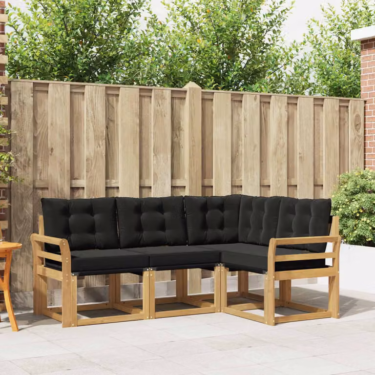 vidaXL Set di divani da esterno a L composto da 4 pezzi in legno di acacia e textilene, Bianco, Nero e Marrone