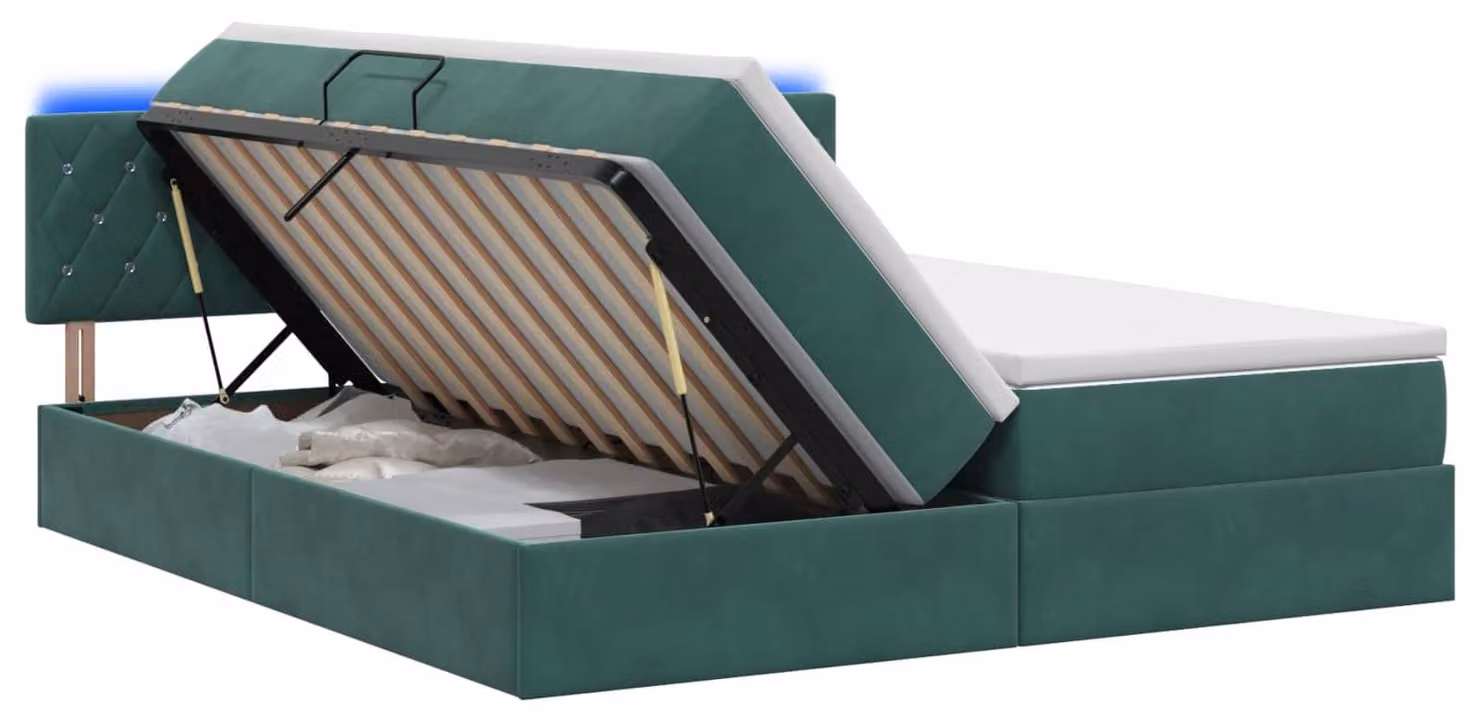 Letto imbottito con tecnologia LED e materasso, colore verde scuro, dimensioni 200 x 200 cm, rivestito in velluto