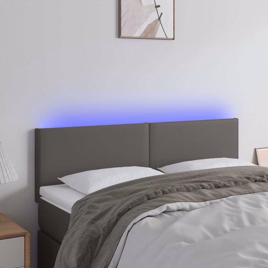 Testiera per letto vidaXL in similpelle grigia con illuminazione LED e porta di ricarica USB, L: 144 cm, P: 5 cm, H: 78-88 cm