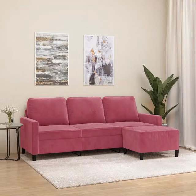 Divano a 3 posti con poggiapiedi vidaXL in velluto rosso e rosa L: 198 cm, P: 80 cm, H: 77 cm