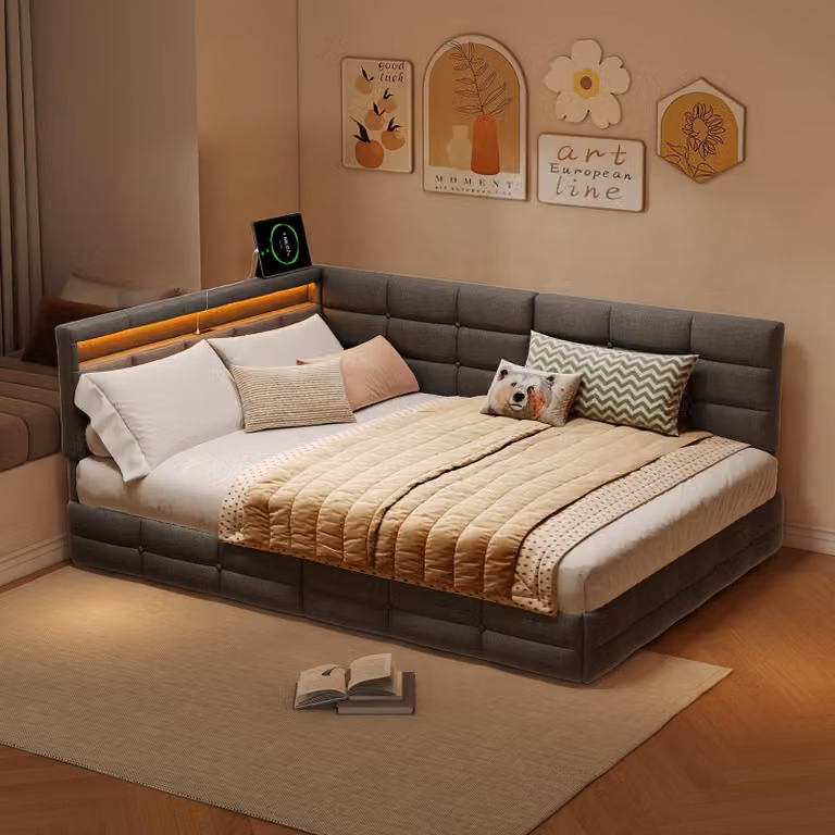 Letto imbottito ProximaX 140x200 cm grigio con LED RGB e presa USB/Type-C, divano letto a L, letto matrimoniale con 2 cassetti portaoggetti, tessuto di lino