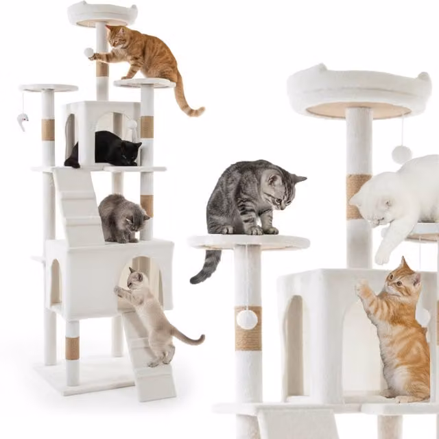 Tiragraffi per Gatti Puppy Lovers Bianco con Cave, Giochi Integrati e Sisal, Altezza: 170 cm