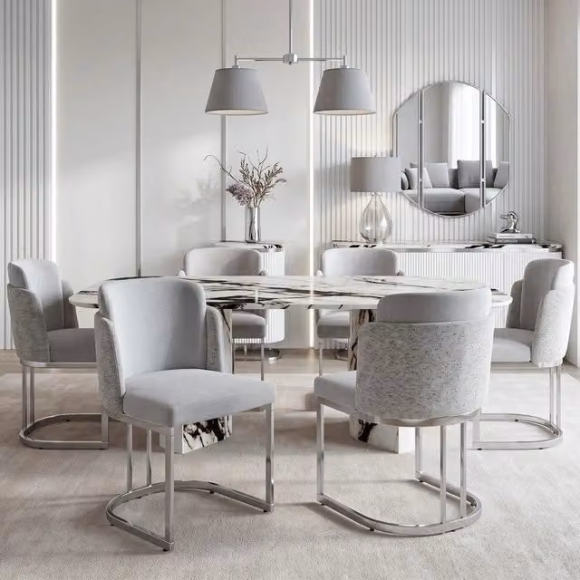 Set di 6 sedie da pranzo Minimal in stile moderno con rivestimento in ciniglia grigio chiaro e gambe in metallo argento