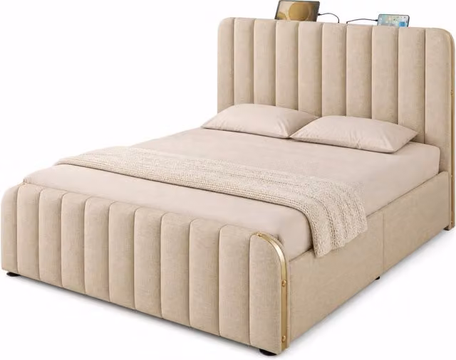 Letto Contenitore Matrimoniale Moderno in Lino Beige con Porte USB e Type-C L/P: 160 x 200 cm