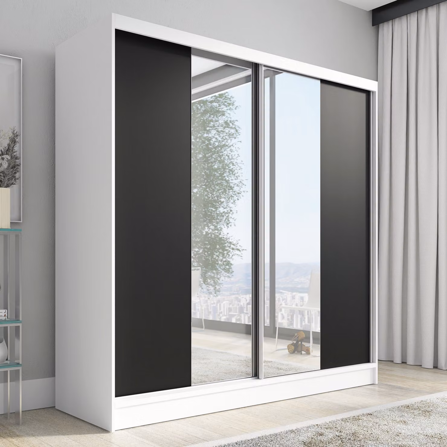 Armadio ad ante scorrevoli, armadio a 2 ante con specchio DUO 200 (bianco, nero, Somona)