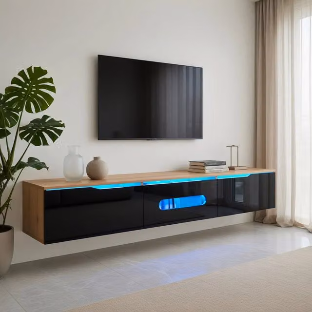 Credenza TV moderna KOMHTOM in MDF e legno, colore nero e marrone con illuminazione integrata, L: 180 cm, P: 35 cm, H: 30 cm – 1