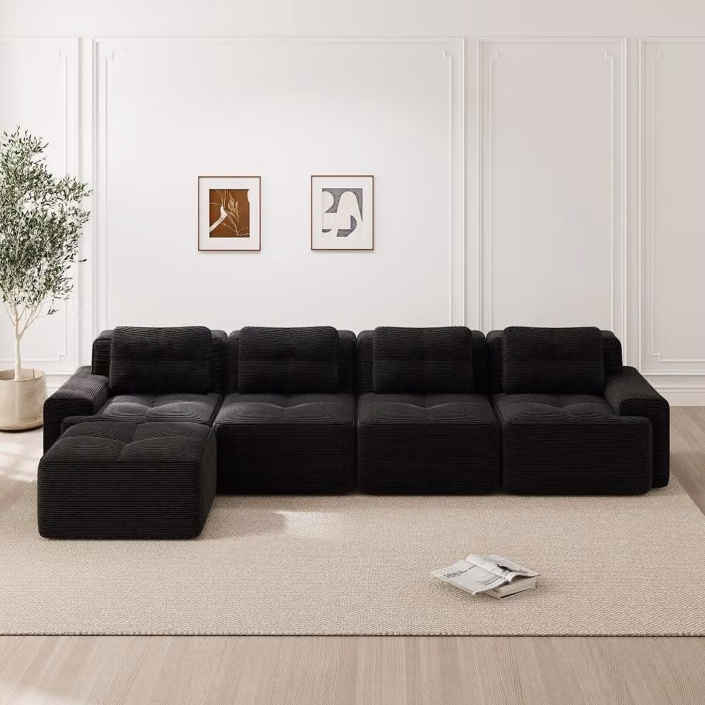 Divano modulare a 4 posti con chaise longue a forma di L, divano in tessuto nero a forma di L, dimensioni 382x177 cm, profondità seduta 74 cm, resistente ai graffi e senza necessità di montaggio