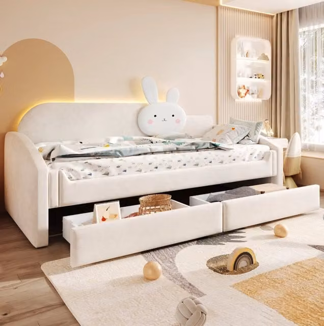 Letto da giorno per bambini ULEVR 90x200 cm con 2 cassetti, LED e cuscino a coniglio, velluto beige