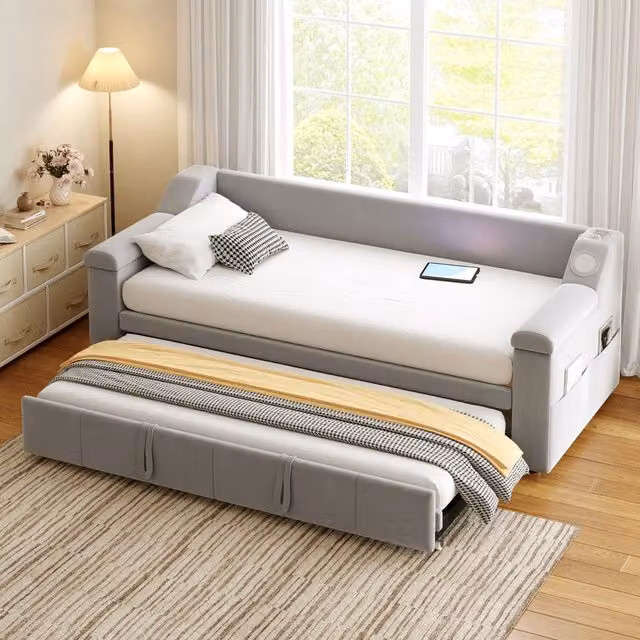 Letto divano estraibile OKWISH in velluto grigio con porte USB e vani contenitori, L/P/H: 190 x 90 x 69 cm
