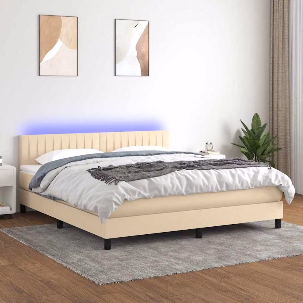 vidaXL Letto a Molle con Materasso, Illuminazione LED e Porte USB, Tessuto Beige e Bianco, L/P: 160 x 200 cm