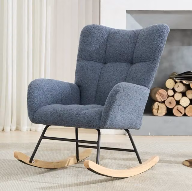 Poltrona a Dondolo in Tessuto Teddy con Tasca, Base in Legno Massello, Blu Navy