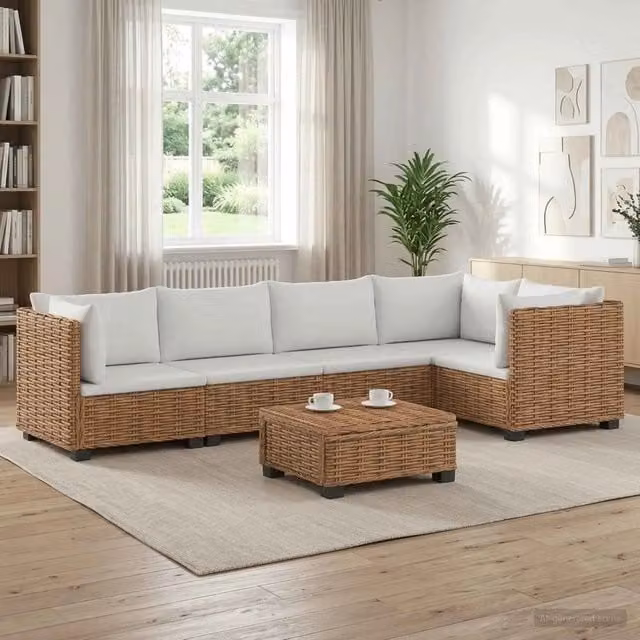 Set Lounge da Giardino a L vidaXL in Polyrattan con Cuscini Beige e Bianco per 6 Persone