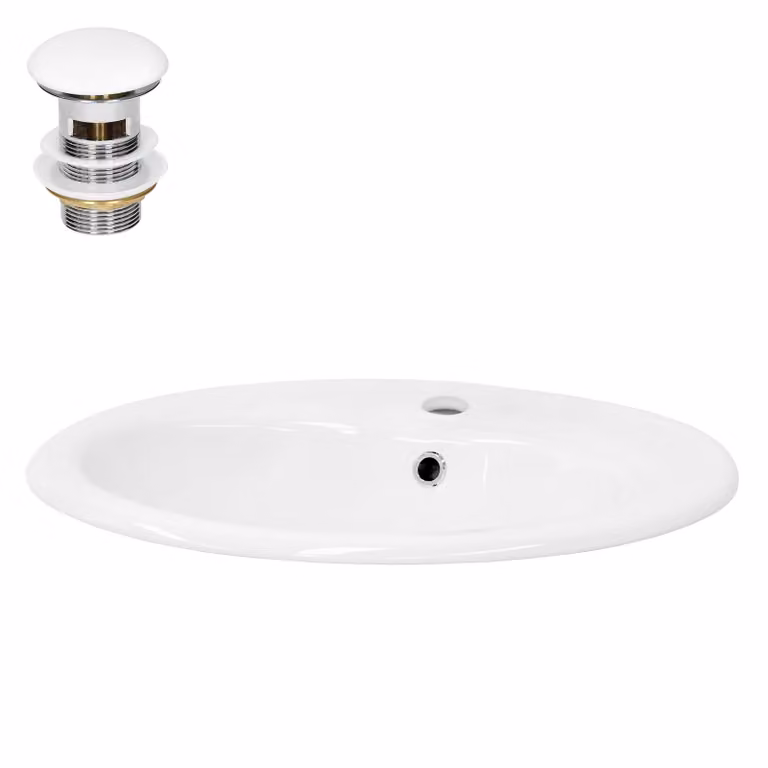 Lavabo LuxeBath Lavabo da appoggio ovale, 57x48,5x19,5 cm, bianco, Vetroceramica, incl. set di scarico con troppopieno