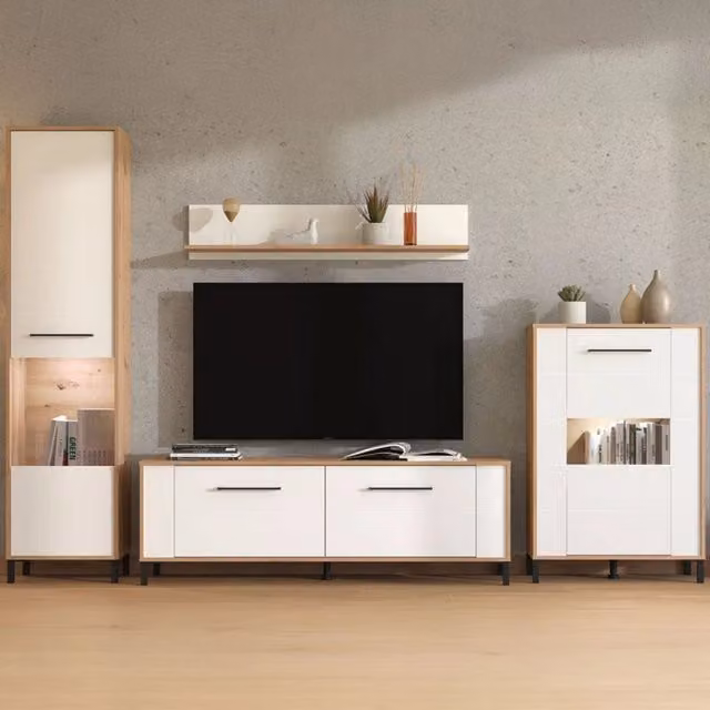Parete Attrezzata Modulabile Cimbergo DMORA per Soggiorno, Bianco Opaco, L: 299 cm, P: 40 cm, H: 192.5 cm