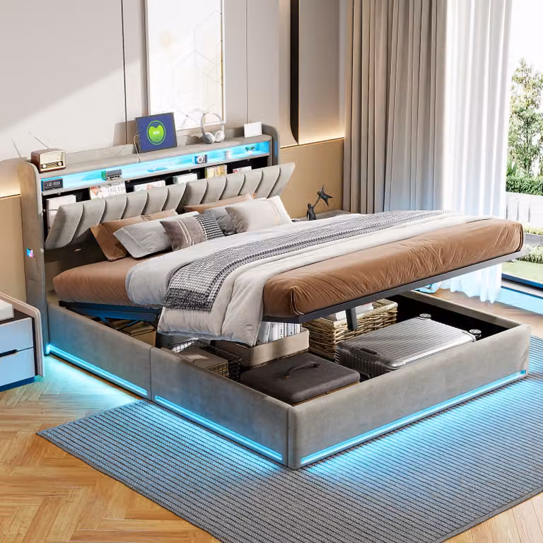 Letto imbottito ProximaX 140x200cm con funzione di ricarica (USB), letto giovanile letto matrimoniale contenitore con LED e contenitore per la testata, letto a molle idrauliche con rete a doghe