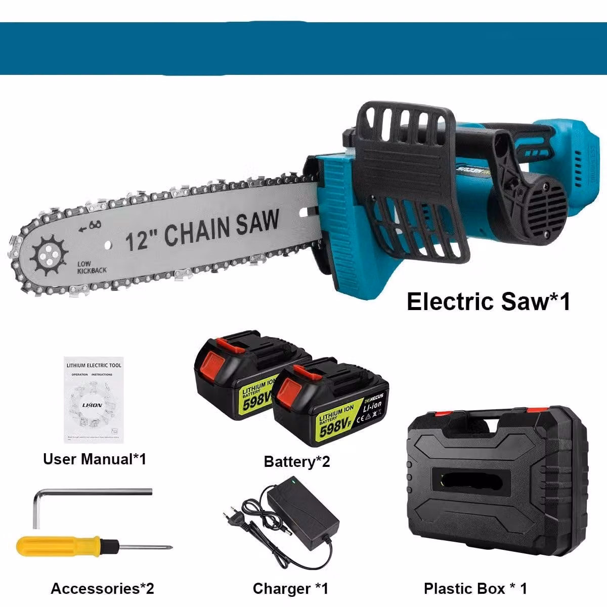Troncatrice a catena - Sega per rami - Sega manuale - Sega da potatura - Senza fili - 12 pollici - 18V - 18000 giri al minuto - Brushless