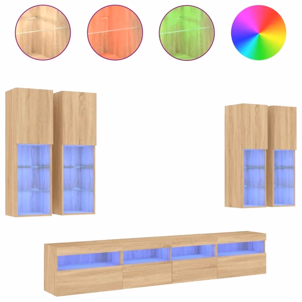 Set di mobili TV da parete moderno vidaXL composto da 7 pezzi in legno color rovere con luci LED – 2