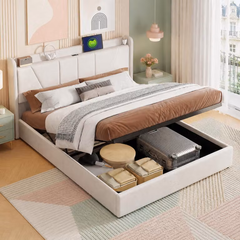 Letto matrimoniale con boxspring, dimensioni 160x200 cm, dotato di porte USB e di tipo C, con struttura imbottita, sistema di sollevamento idraulico e spazio contenitore, completo di rete a doghe, rivestito in lino color beige