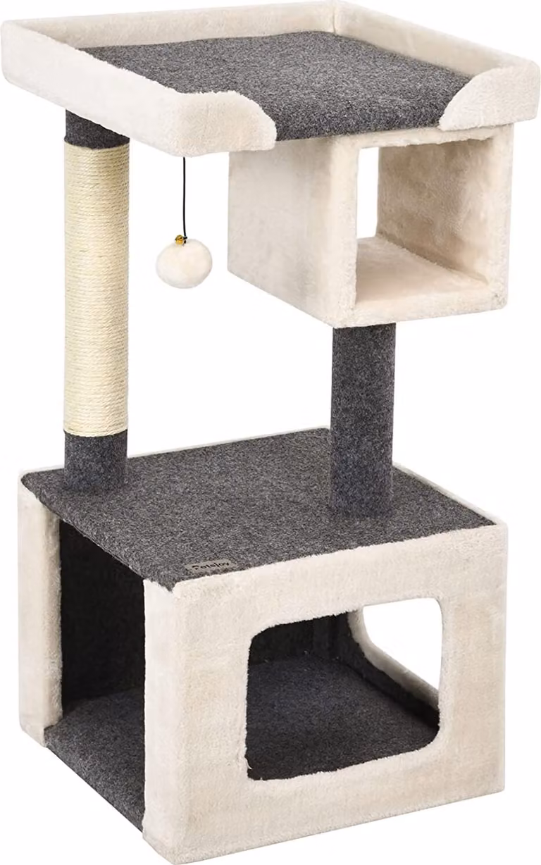 Tiragraffi COSTWAY piccolo, tiragraffi per gatti in legno, albero per gatti stabile, albero da arrampicata bianco e grigio, albero da gioco tiragraffi mobile tiragraffi grotta 42x42x80cm
