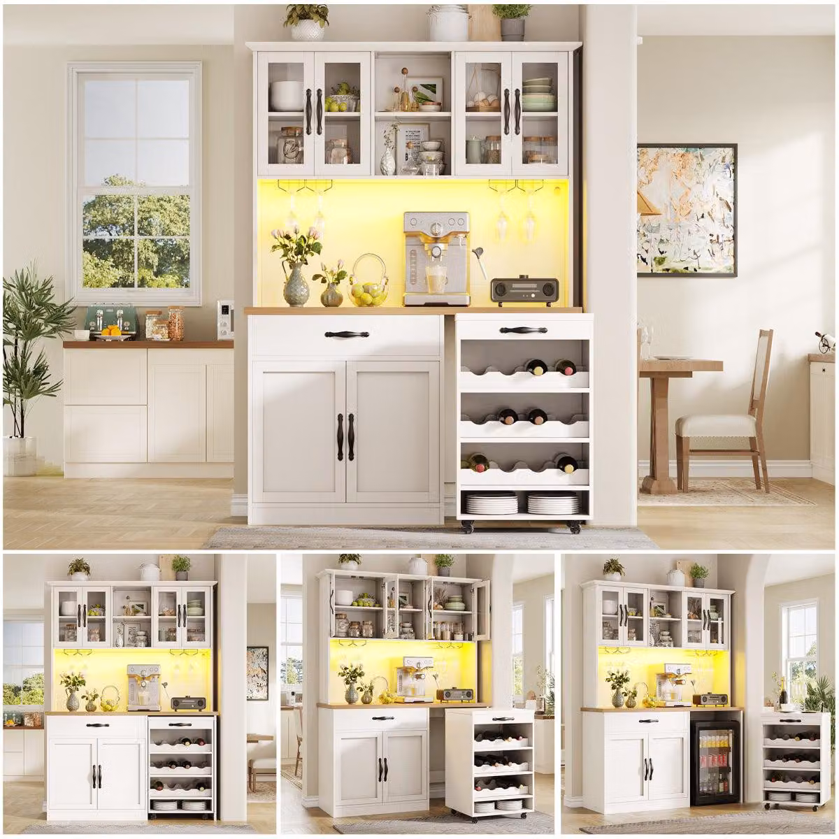 Mobile da cucina da 140 cm con carrello e illuminazione a LED; mobile alto con portabottiglie e portabicchieri; credenza illuminata per soggiorno e sala da pranzo