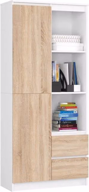 Libreria AKORD R11 Bianco, Sonoma Quercia 80 cm 2 ante 2 cassetti 80x35x180 cm