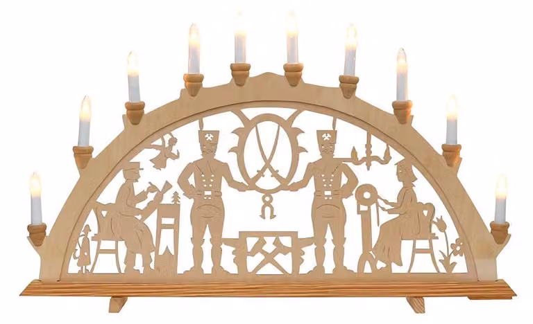 Lampada a forma di arco, 10 fiamme, decorazione con minatori, dimensioni 71x4x40 cm