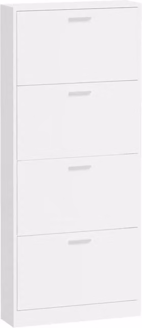 Scarpiera moderna con finitura lucida bianca in MDF per ingresso, corridoio o soggiorno, L: 59 cm, P: 17 cm, H: 150 cm