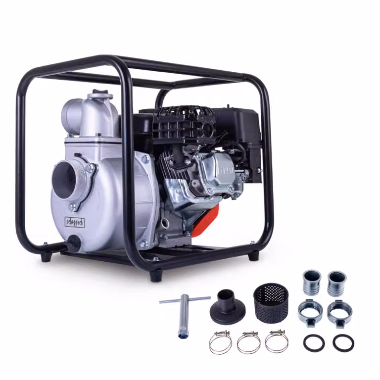 Scheppach PWP60 Pompa per acqua a benzina 60.000 L/h | 28 m di prevalenza | 7 m di altezza di aspirazione | 2,8 bar | 5,3 CV Pompa da giardino Pompa per acque sporche Pompa per acqua
