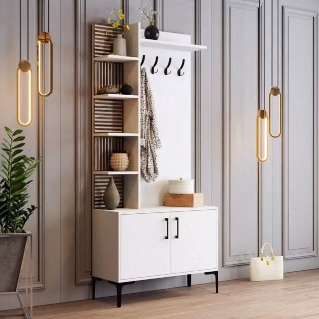 DMORA Mobile da Ingresso Caccamo con Appendiabiti e Ripiani, Bianco e Marrone, L: 90 cm, P: 35 cm, H: 200 cm
