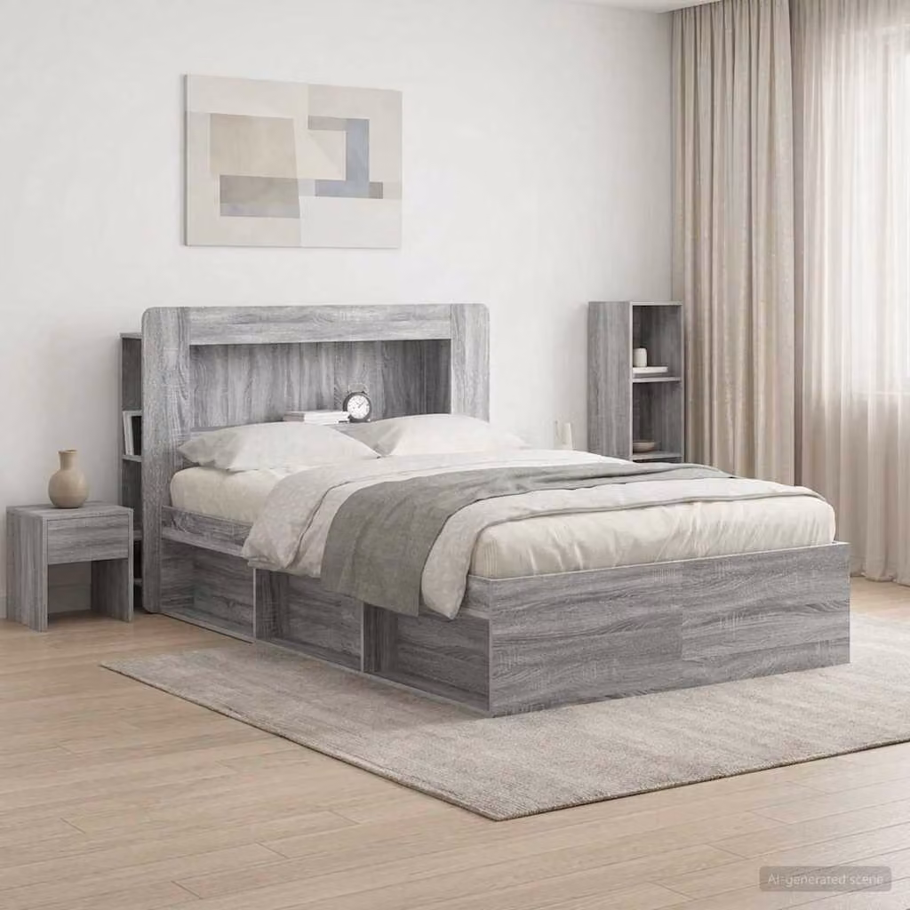 Testata del letto moderna vidaXL in legno ingegnerizzato Grigio con ripiani integrati L: 135,0 cm, H: 100,0 cm, P: 20,13 cm