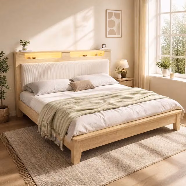 Letto matrimoniale 160x200 cm con contenitore; LED e testiera beige in velluto a coste; effetto rovere; materasso incluso