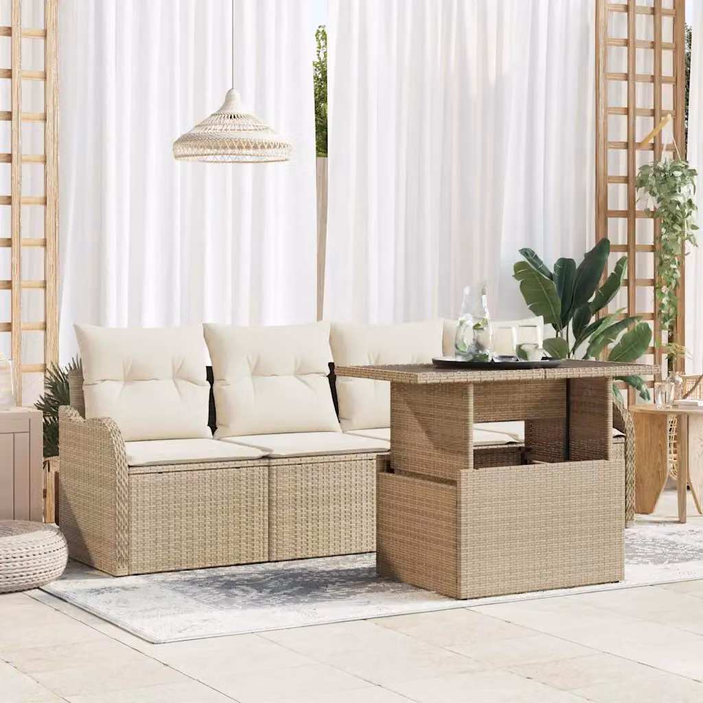 Set Divano da Giardino vidaXL a Forma di L con Tavolino, 5 Pezzi, Beige e Bianco