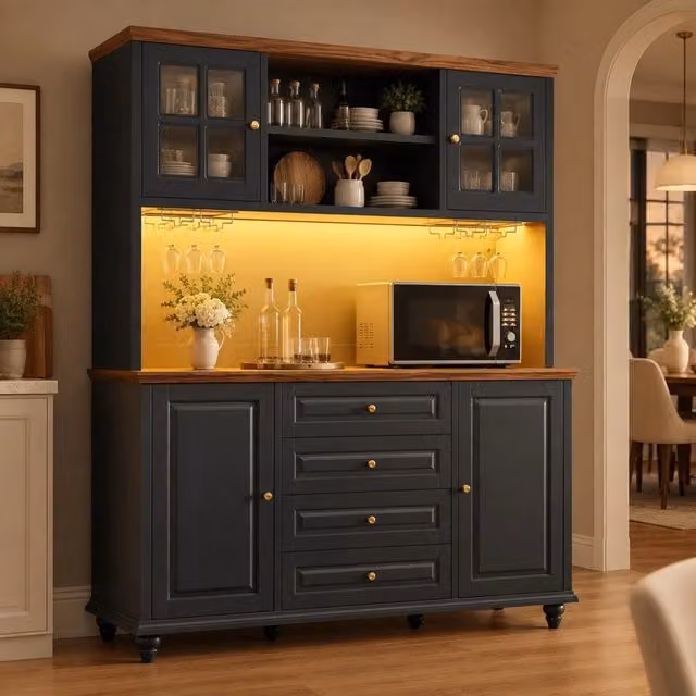 Credenza alta 140x40x179,5 cm in MDF nero con LED RGB e contenitore –