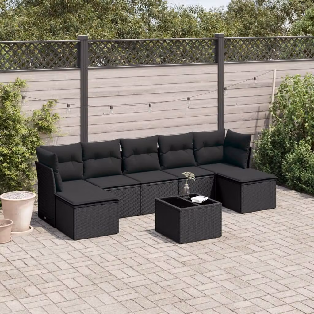vidaXL Set Divani da Giardino 8 pz in Polyrattan Nero con Cuscini e Tavolino da Esterno – 1